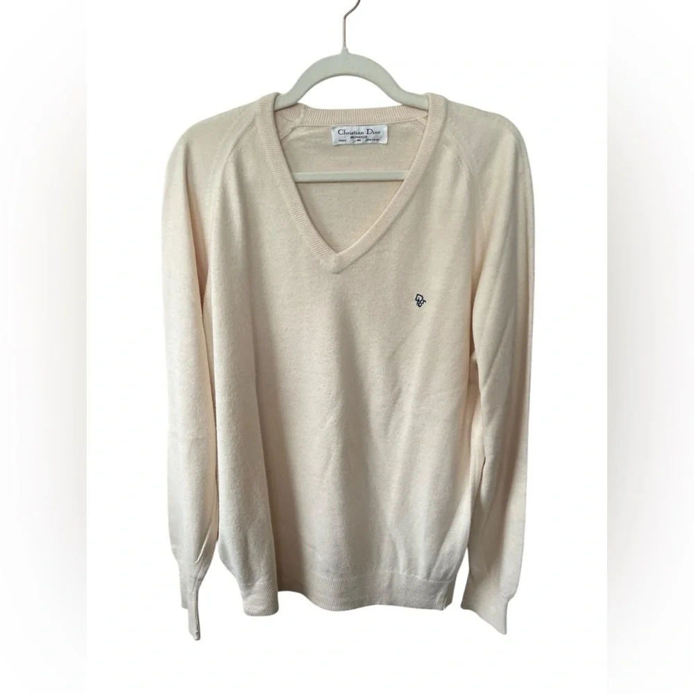 Vintage 80’s Christian Dior Monsieur Cream V-Neck Sweater, Size M